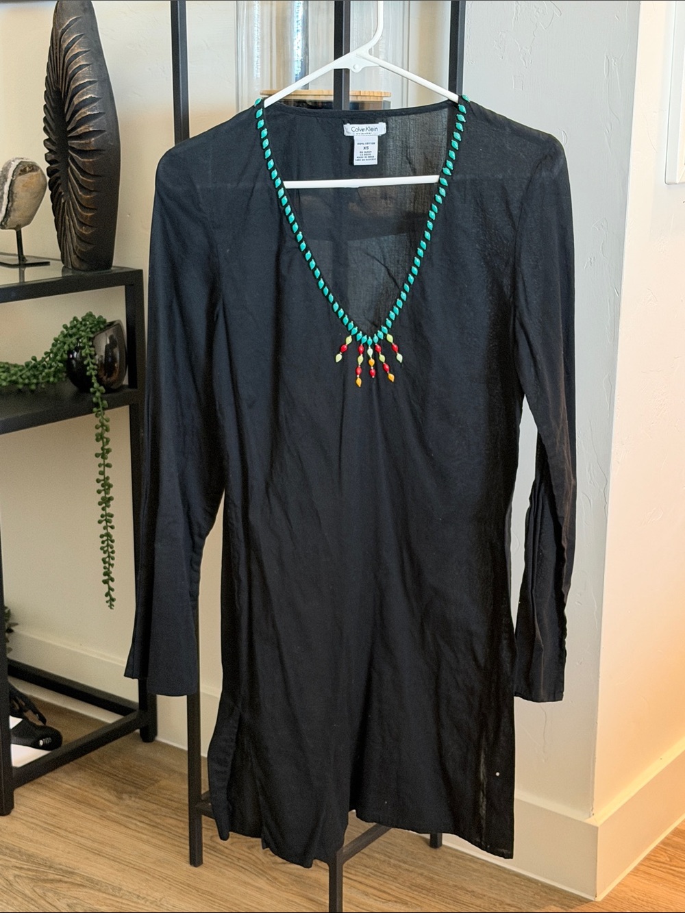 Calvin Klein Black Long-Sleeve V-Neck Dress with Turquoise Bead Trim